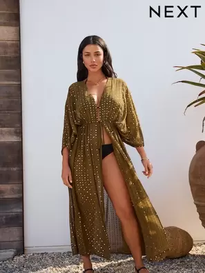 Verde caqui con lentejuelas doradas - Cubrebañador largo con cintura ajustable con lazada