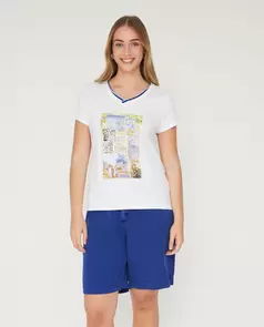 Camiseta Cuello Pico Manga Corta Estampado Posicional Blanco