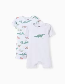 2 cotton rompers with crocodiles for newborn and baby boys, white/grey