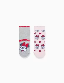 2 non-slip socks with Minnie print for newborn and baby girls, grey/pink