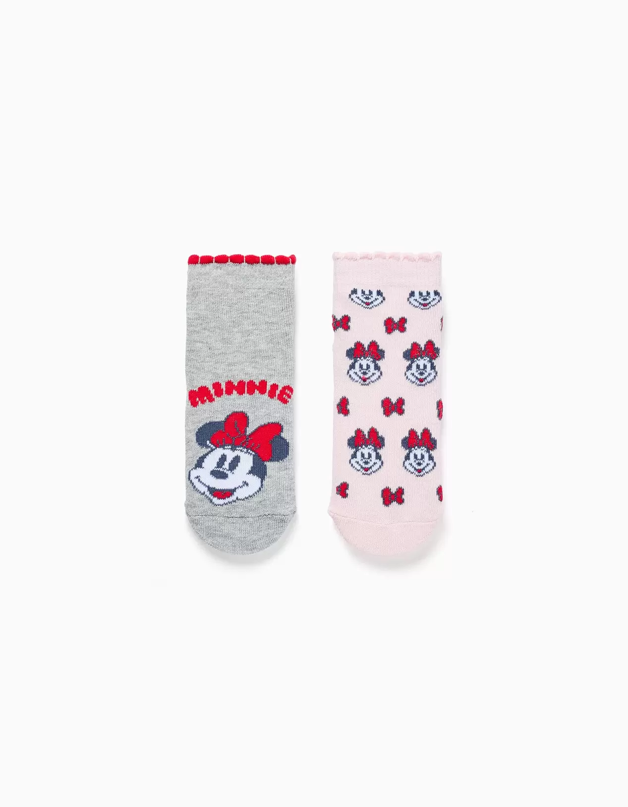 2 non-slip socks with Minnie print for newborn and baby girls, grey/pink