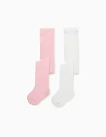 2 pairs of ribbed/jacquard tights for newborn and baby girls, white/pink