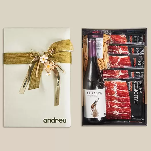 Cesta de jamón y vino