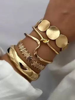 Set de 5 pulseras anchas de metal dorado con diseño geométrico exagerado de lujo vintage, adecuado para uso diario y como regalo