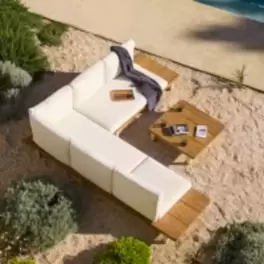 Maldives - Conjunto de exterior de 4/5 plazas de aluminio beige y madera de acacia