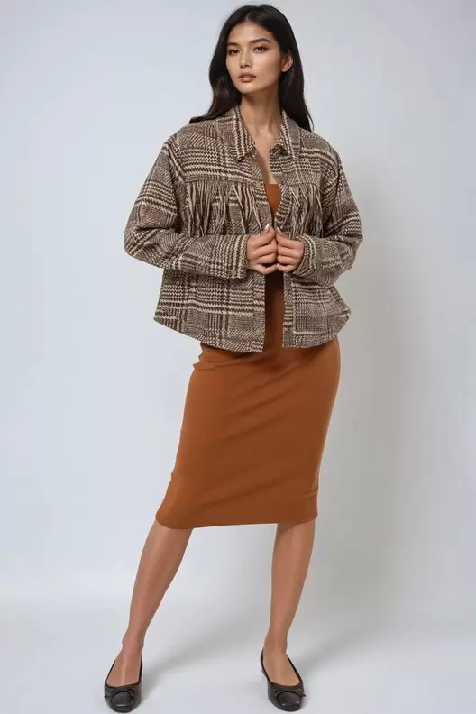 Glen Plaid Fringe-Trim Jacket