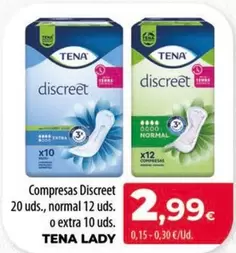 Tena - Compresas Discreet 20 Uds., Normal 12 Uds. O Extra 10 Uds.