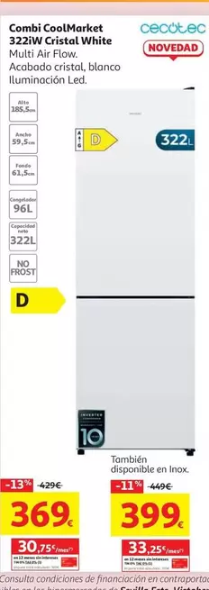 Combi Nf 185,5 Cm Cecotec C-Market 322 Cristal Whit/E/Nov/An