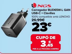 NGS - Cargador Bud65w-l Gan USB-C + Clavijas