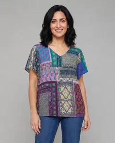 Camiseta Bimateria Estampada Manga Corta Multicolor