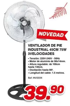 Muvip - Ventilador De Pie Industrial 45cm 75w 3 Velocidades
