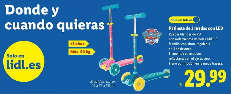 Paw Patrol - Patinete De 3 Ruedas Con Led