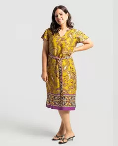 Vestido Estampado Fluido Con Cuello Mao Multicolor