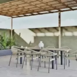 Louki - Set de mesa extensible de exterior de aluminio efecto madera y 8 sillas gris antracita y beige