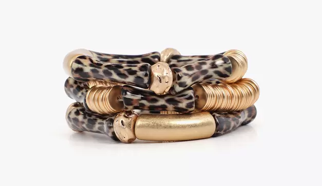 Elastic Bracelet Set with Bamboo Effect Metal Pieces Animal Print