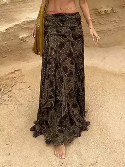 Falda asimétrica de verano con estampado de flores de anacardo vintage, de malla transparente y cintura baja con drapeado