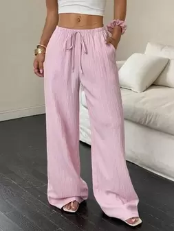 Flirla Pantalones anchos de mujer de unicolor con bolsillos y lazo en la cintura