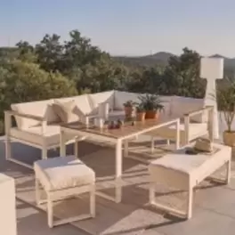 Ezra - Conjunto de exterior de 8 plazas de aluminio, madera de acacia y poliéster reciclado beige