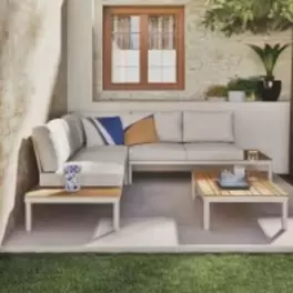Andamo - Conjunto de exterior de 4/5 plazas de aluminio efecto madera y cojines reciclados blanco