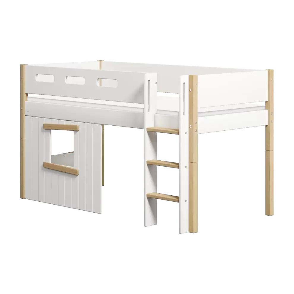 High Bed 120 cm with Treehouse, Ladder and Safety Rail, 90x200 cm, White/Oak