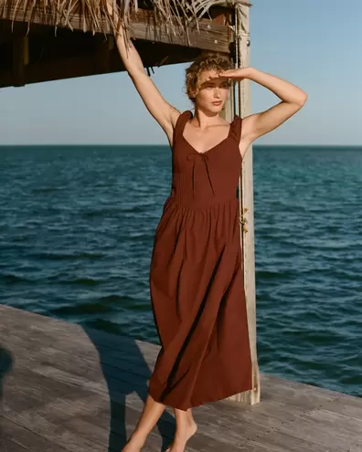 100% Cotton Bra-Free Cap Sleeve Dipped Waist Midi Dress