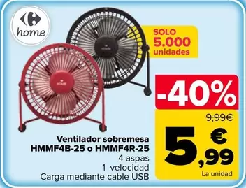 Carrefour Home - Ventilador Sobremesa HMMF4B-25 O HMMF4R-25