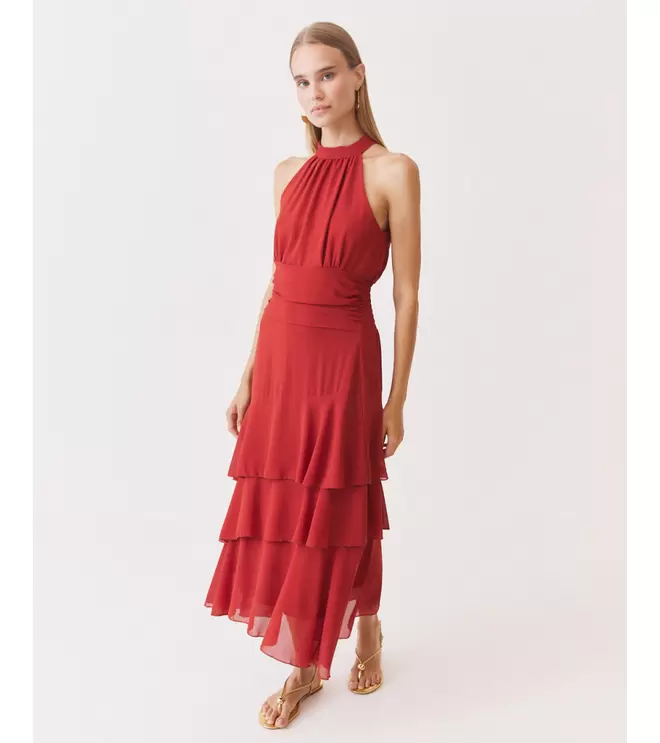 VESTIDO LARGO HALTER VOLANTES