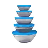 Jocca 4497A Set de 5 Cuencos de Cristal con Tapas Antigoteo, Color Azul, Apilables y Aptos para Microondas