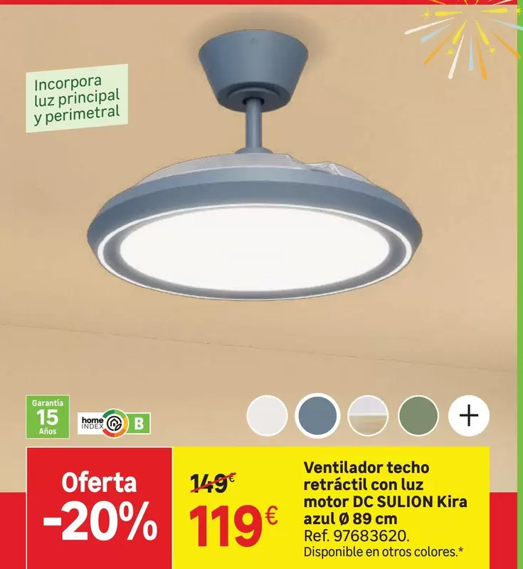 Sulion - Ventilador Techo Retractil Con Luz Motor DC Kira Azul
