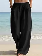 Palazzo Womens Casual Linen Pants Wide Leg Loose Fit Summer Beach Vacation Travel Pants with Pocket