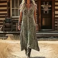 Women's Sleeveless V Neck Ethnic Print Maxi Dress Spring Summer Loose Wide Hem Casual Boho Dress for Daily Outings
