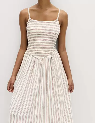 Vestido maxi recto fruncido 100 % lino