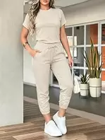 Women's Casual 2 Piece Outfits Round Neck Short Sleeve Pocket Jogger Pants Set