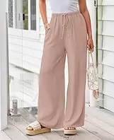 Womens Linen Pants Wide Leg Palazzo Casual Cotton Lounge Beach Summer Pants with Pockets