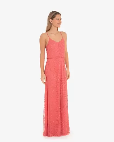VESTIDO LARGO CORAL CON BORDADOS Y LENTEJUELAS