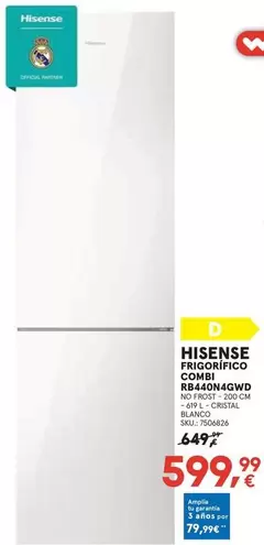 Hisense - Frigorífico Combi No Frost, Cristal Blanco R440N4GWD