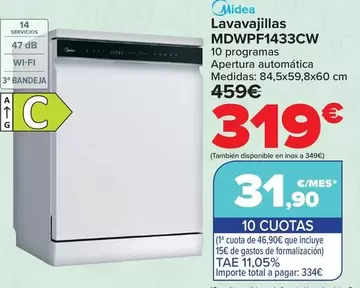 Midea - Lavavajillas MDWPF1433CW