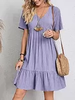 Summer Dresses for Women Short Sleeve V Neck Knee Length Pleated Ruffle Beach Dresses