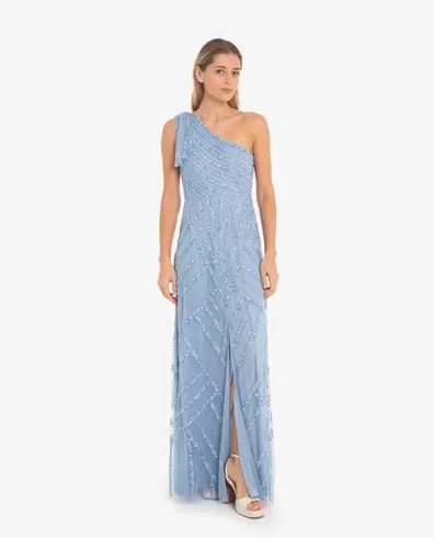 VESTIDO LARGO AZUL ASIMÉTRICO CON PEDRERÍA