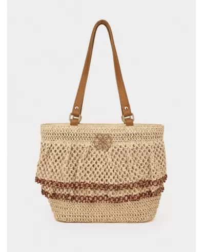 Bolso Grande de Rafia con Volantes Beige