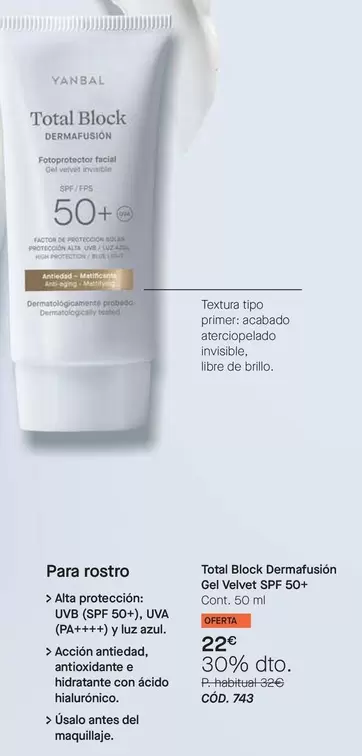 Total Block Dermafusión Gel Velvet SPF 50+