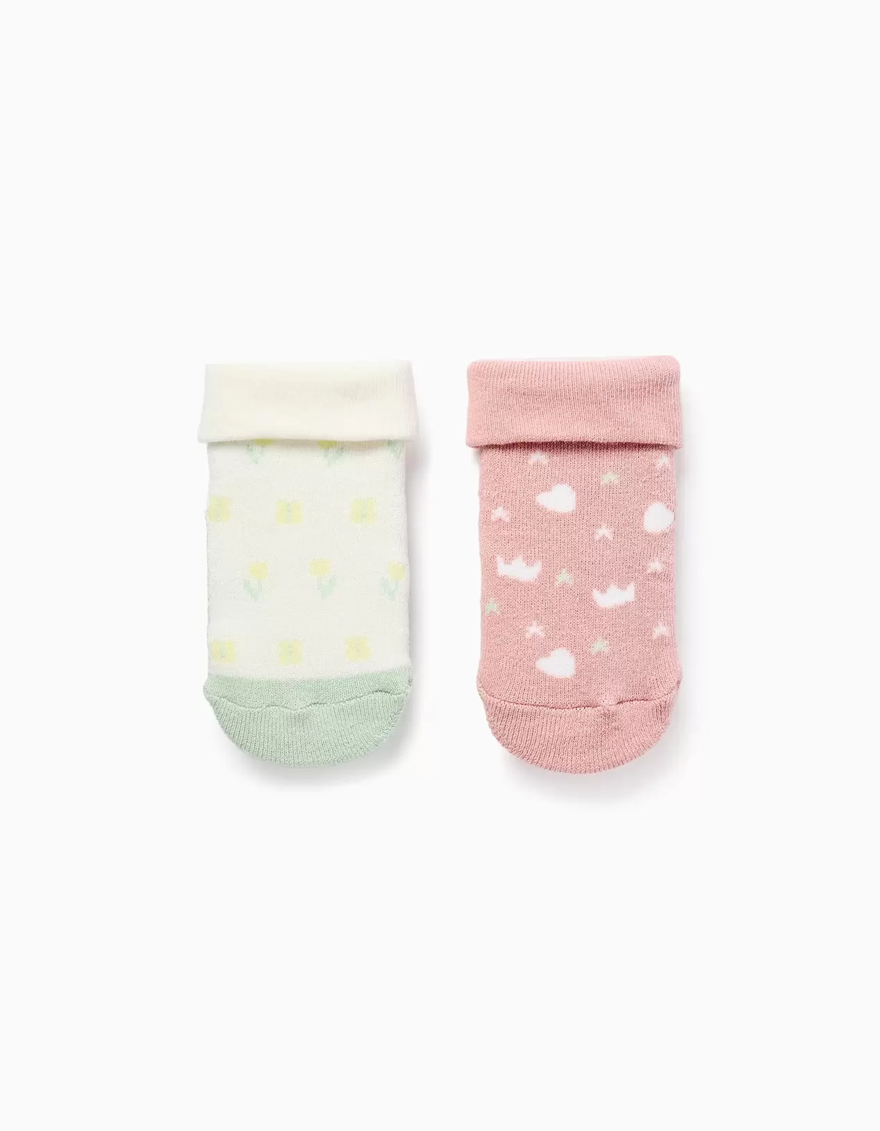2 non-slip thick socks with motifs for newborn and baby girls, multicolour