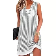 Women's V Neck Striped Summer Dress Sleeveless Faux Two Piece A-Line Look with Side Pockets Work Office Holiday Dress