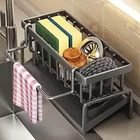 Sponge Organizer Holder for Kitchen Sink - Stainless Steel Soap Organizer with Auto Drain Tray, Countertop Storage Rack for Sink or Bathroom