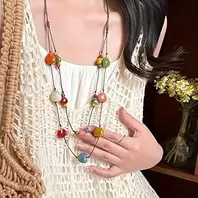 Boho Ceramic Bead Necklace for Women Handmade Multicolor Long Jewelry Natural Texture Pendant Adjustable Length for Birthday Valentines Mother's Day