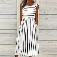 Striped Midi Dress for Women Sleeveless A Line Black White Summer Casual Dress with Pockets