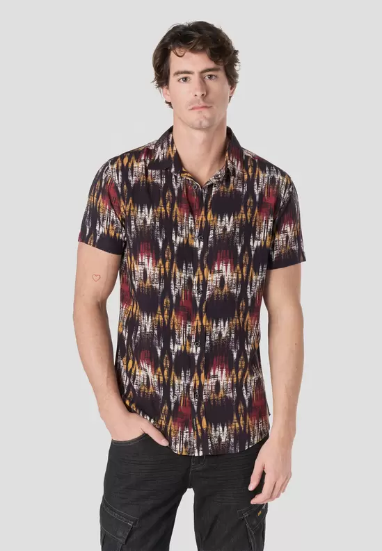 Men's Short Sleeve Printed Viscose Shirt Black - Koroshi