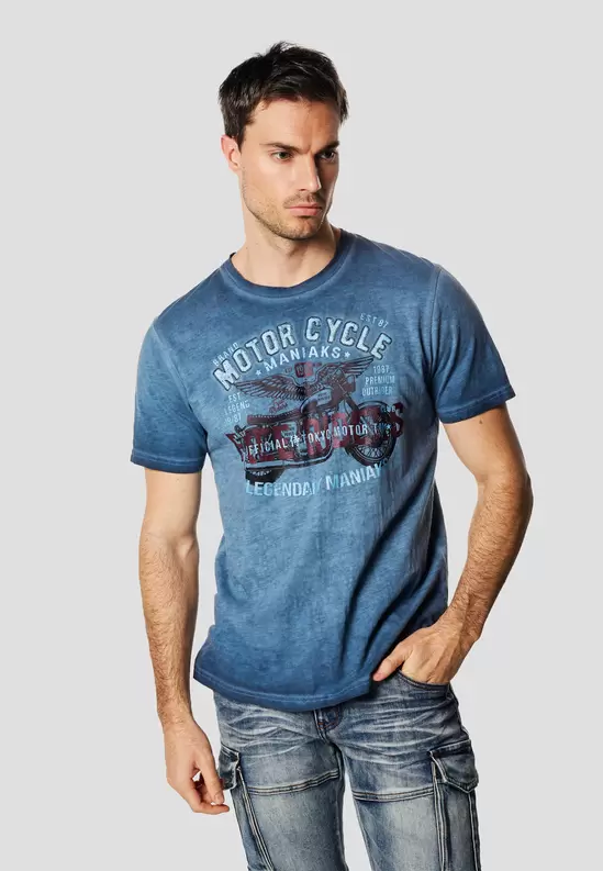 Men's Washed Short Sleeve T-Shirt Biker Print Indigo - Ko...