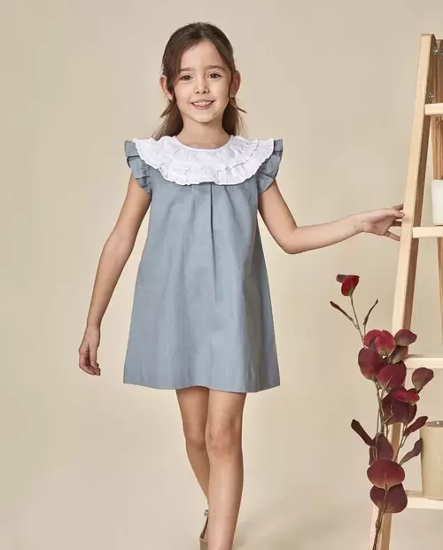 Vestido lino cuello contraste azul