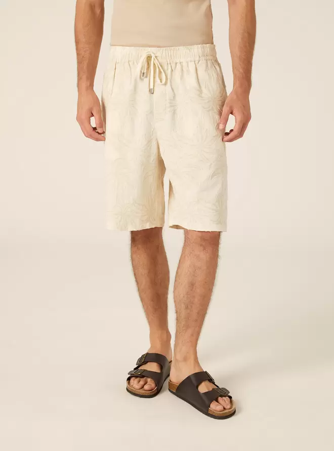 Bermudas de Mezcla de Lino Jacquard con Motivo de Palmeras